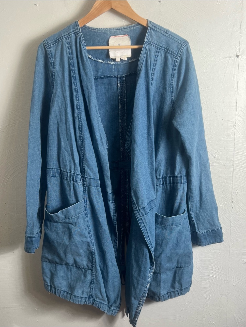 Anthropologie Hei Hei Open-Front Long Drapey Jean Jacket Linen Cotton